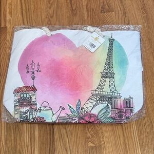 Paris Watercolor Heart Travel Shopping Tote Bag Large pink new